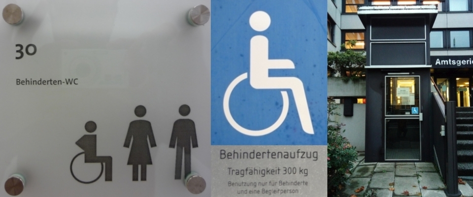 Hinweis auf Behinderten-WC und Behindertenaufzug beim Amtsgericht Viersen
